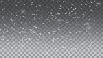 Vector illustration of flying snow on a transparent background. Natural phenomenon of snowfall or blizzard.