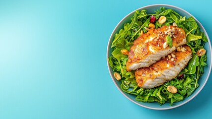 Grilled Salmon Salad on Green Leaf Bed with Fresh Vegetables and Herbs Presented on a White Plate