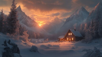 Cozy Cabin Sunset In Snowy Mountain Valley