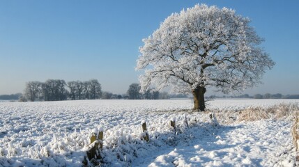 Frosty Winter Landscape With Solitary Snow Covered Tree