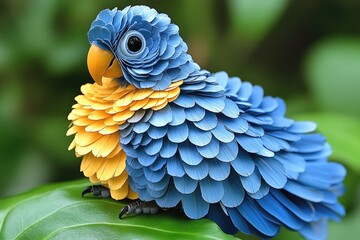Fototapeta premium Blue and yellow parrot crafted from layered petals, perched on a green leaf. Ideal for children's books, nature-themed projects, or whimsical designs.