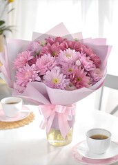 cup of coffee and pink flowers