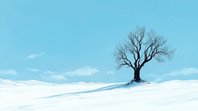 Winter Landscape Lonely Tree Snow Covered Plain