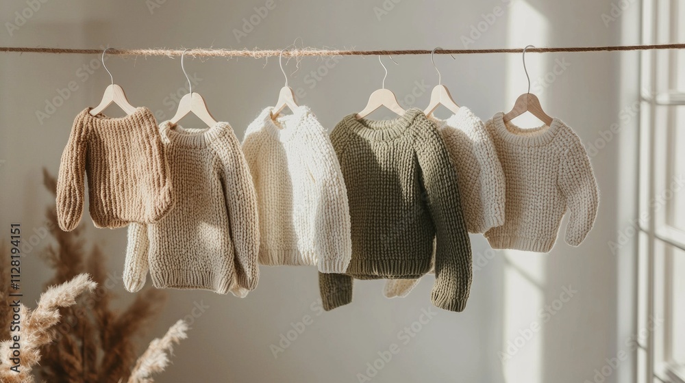 Aufkleber An assortment of beautifully knitted sweaters in earthy tones hangs on a twine line, illuminated by gentle sunlight filtering through a window, creating a warm and inviting atmosphere