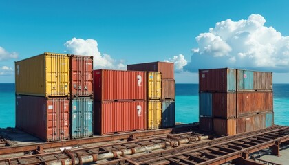 Fototapeta premium A neatly arranged row of colorful shipping containers stacked on a bustling dock.