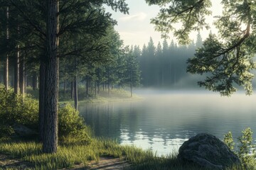 Misty Lake Morning: Serene Forest Reflections