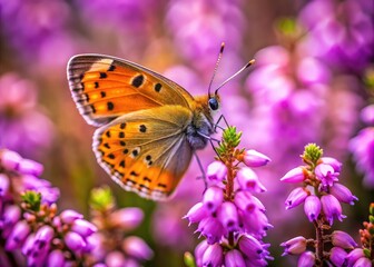 Obraz premium Macro Photography: Copper Butterfly on Heather, Close-up Insect, Nature Wildlife, Wildflower, Detailed Wing Texture