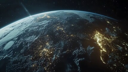 Obraz premium A close up of the Earth at night with the moon and stars visible