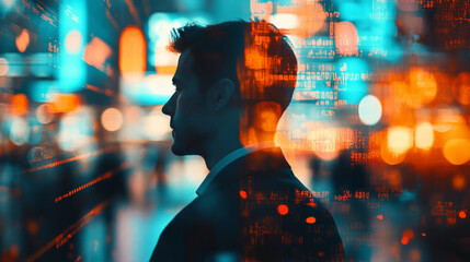 Profile of a thoughtful man against a backdrop of vibrant city lights with digital overlays representing technology and innovation in modern society