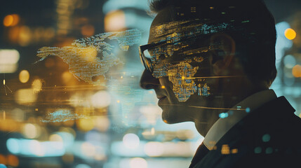 Businessman with glasses and digital world map overlay representing global connectivity and technology in a modern city skyline at night