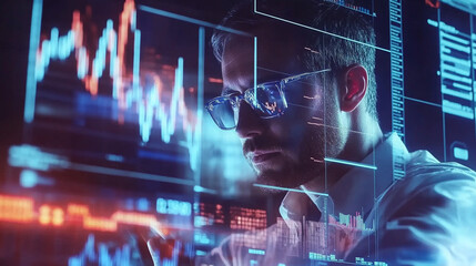 Business professional analyzing digital data trends through futuristic interfaces and visualizations with neon graphs and charts in a dark workspace