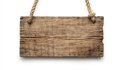 Wooden sign hanging on rope isolated against white background