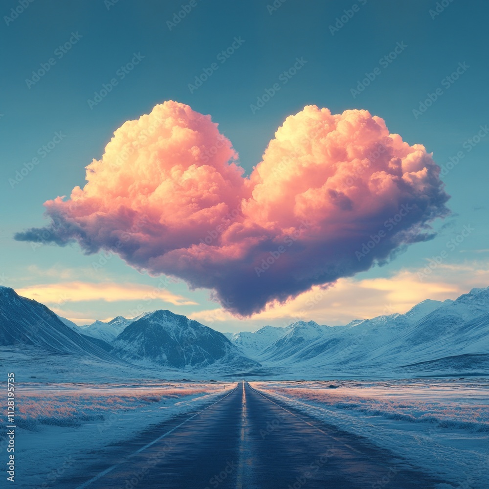 Poster a beautiful heart-shaped cloud floats gently in a clear sky, casting a warm glow over an empty road 