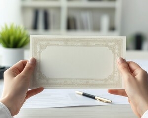 A person holding a blank certificate or document in an office setting.