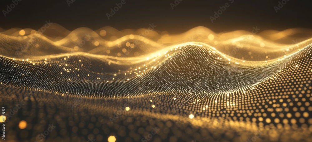 Poster Abstract golden waves with sparkling dots creating a mesmerizing digital landscape.