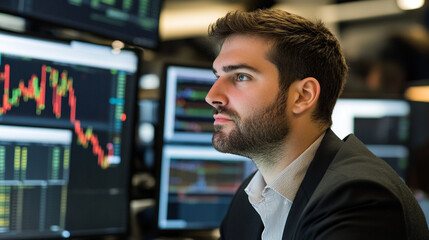 Focused business professional analyzing data trends on multiple monitors in a modern office environment with financial graphs and charts in background