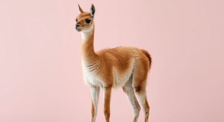 Elegant young vicu&ntilde;a against pastel pink backdrop for nature and wildlife design