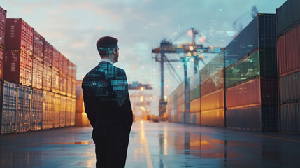 Businessman Standing Amidst Shipping Containers with Digital Interface Overlays in Contemporary Logistics and Supply Chain Environment