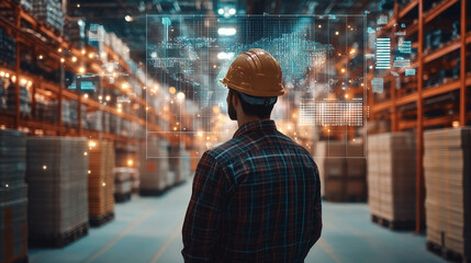 Person in Safety Helmet Analyzing Digital Data and Inventory Management in Modern Warehouse with Shelves Stacked Full of Boxes and Goods