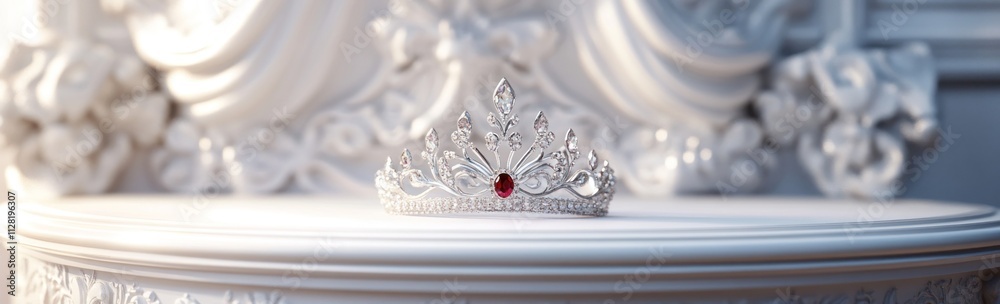 Poster a decorative tiara with a red gem displayed on an ornate white surface.