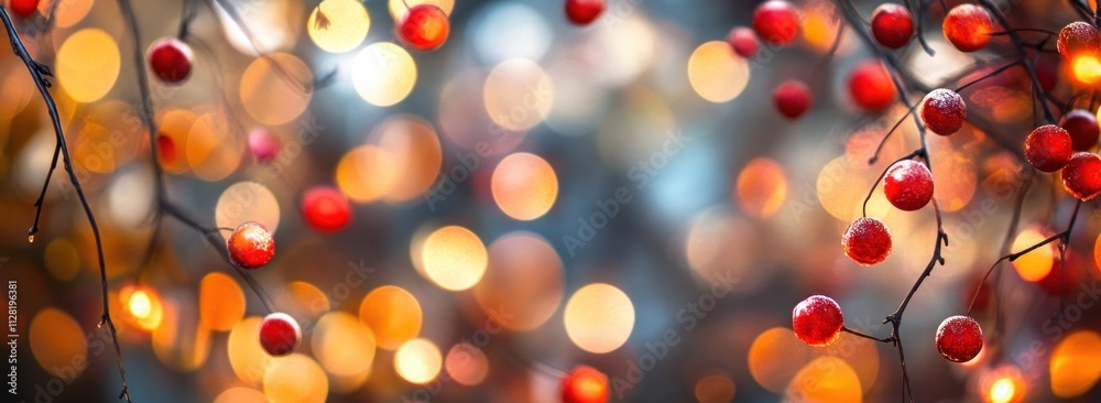 Poster a blurred background of glowing lights with red berries, creating a festive atmosphere.