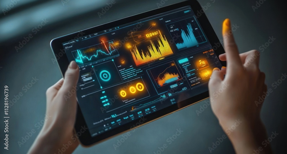Aufkleber A person interacting with a tablet displaying data analytics and graphical information.