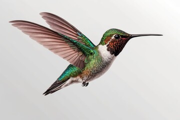 Obraz premium A vibrant hummingbird in flight against a white background. (1)