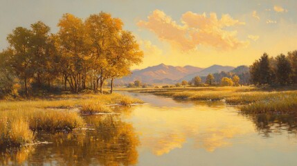 Fototapeta premium Golden Autumn River Landscape With Mountains