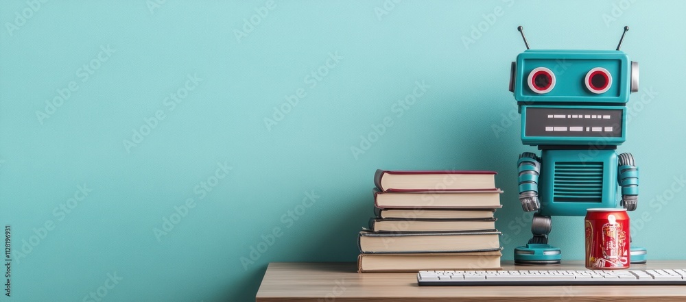 Poster a playful robot beside books and a drink on a desk against a turquoise background.