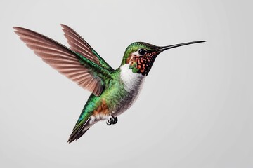 Fototapeta premium A vibrant hummingbird in flight, showcasing its iridescent green and red plumage against a neutral background.