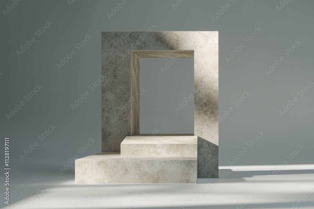 Poster A minimalist structure featuring a rectangular frame and steps, emphasizing modern design.