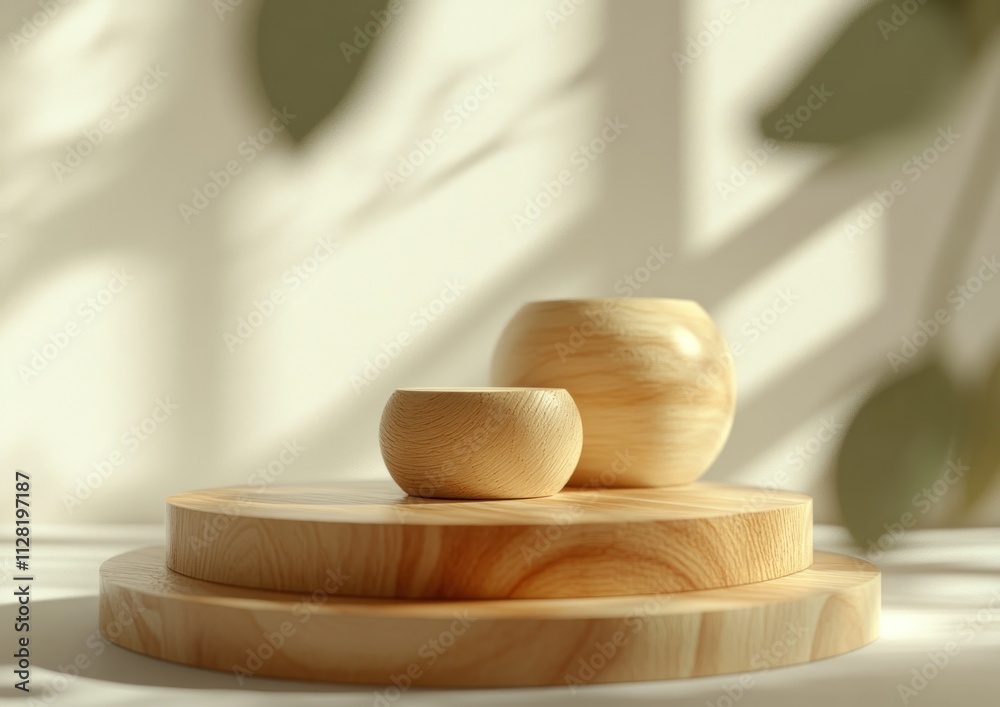 Poster a serene arrangement of wooden bowls on circular platforms with soft lighting and shadows.