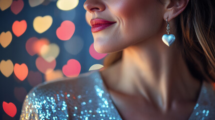 Beautiful beautiful physically fit senior model gray hair smiling stylish woman close up shirt earrings jewelry makeup skincare fitness romance Valentines Day hearts love bokeh party background