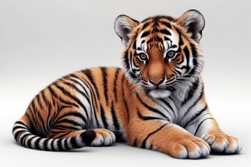 Fototapeta premium Adorable tiger cub lying down, looking at camera, on white background.