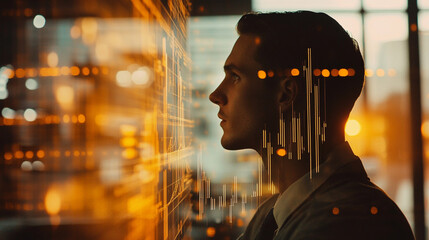 Focused Business Man Analyzing Financial Data on Digital Screen in Office Environment with Cityscape Background During Sunset