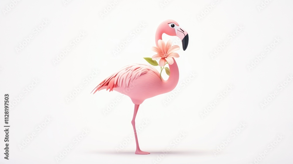 Poster A whimsical pink flamingo adorned with a flower, showcasing a playful and artistic design.
