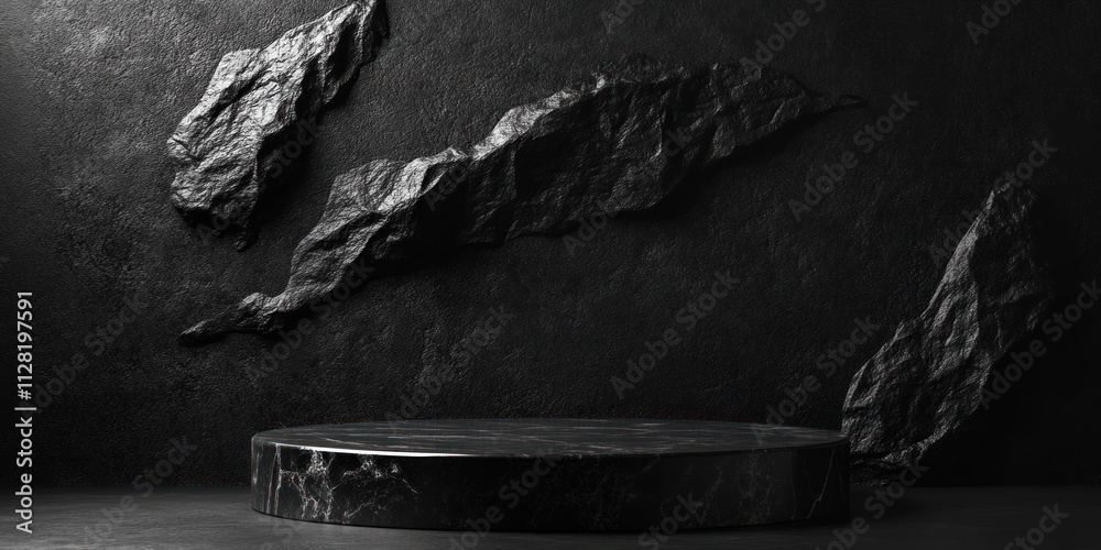 Poster A minimalist dark setting featuring a circular platform and abstract rock formations.
