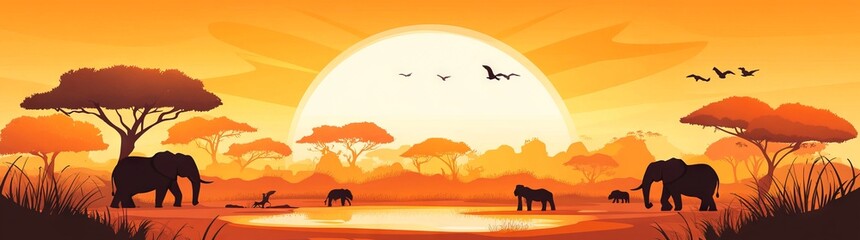 Naklejka premium Silhouette Illustration of African Savanna at Sunset with Elephants and Lions AI generated illustration