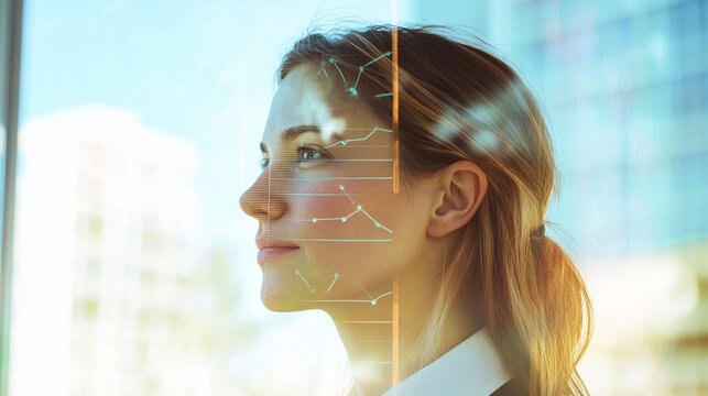 Young woman looking out of an office window with digital data overlay representing technology, innovation, and analysis in a modern urban setting