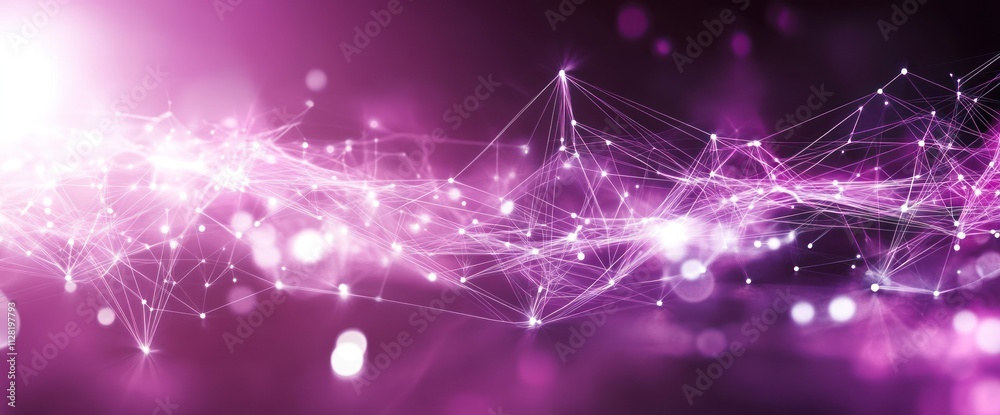 Poster Abstract digital design with interconnected lines and glowing particles in a purple hue.