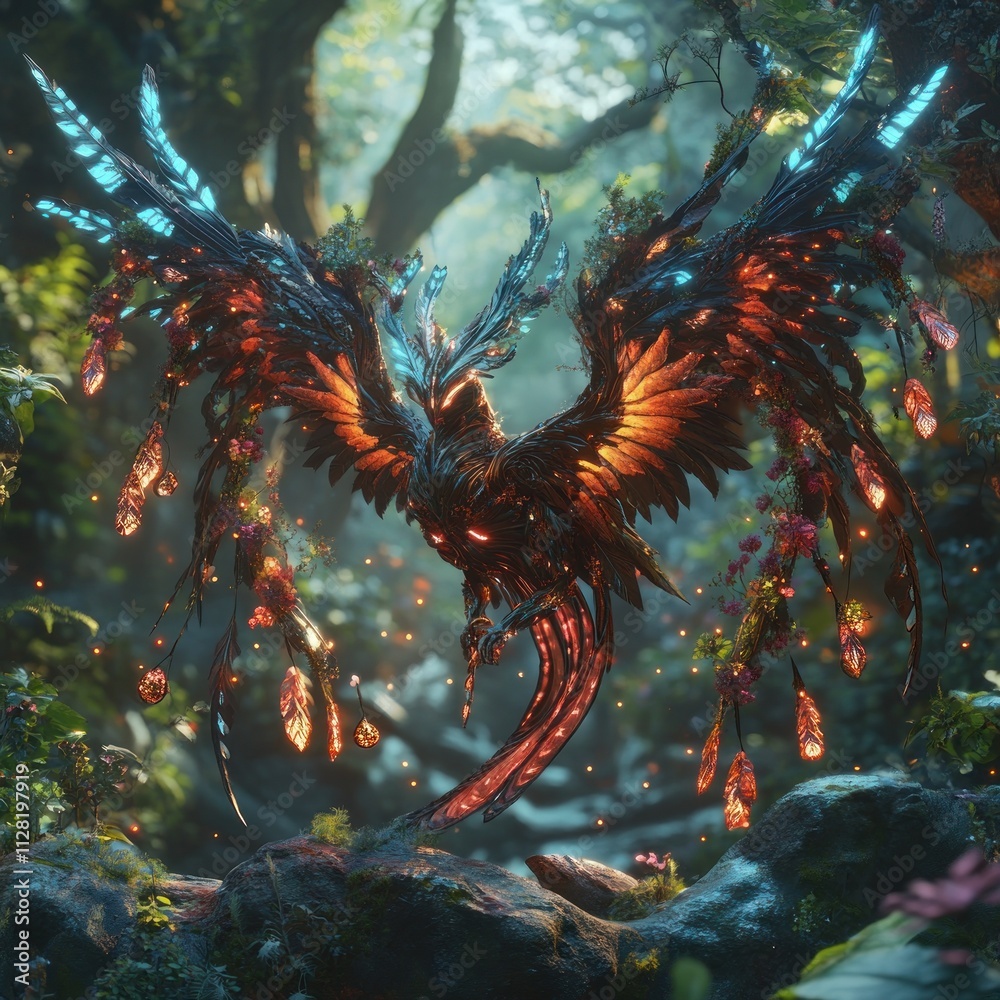 Poster A mystical phoenix with vibrant colors and glowing elements in a lush forest setting.