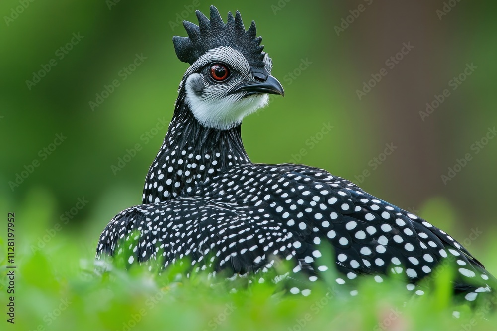 Poster a close-up of a spotted bird resting on the ground in a lush green environment.