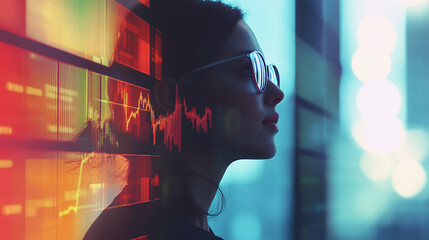 Female silhouette with sunglasses against futuristic background of financial graphs and data analysis in vibrant colors and soft bokeh effect