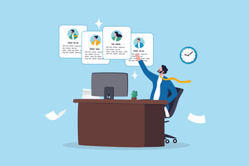 Employee management system, attendance or candidate analysis, customer management system, CRM or recruitment applicant system concept, businessman manage people with employee online application.