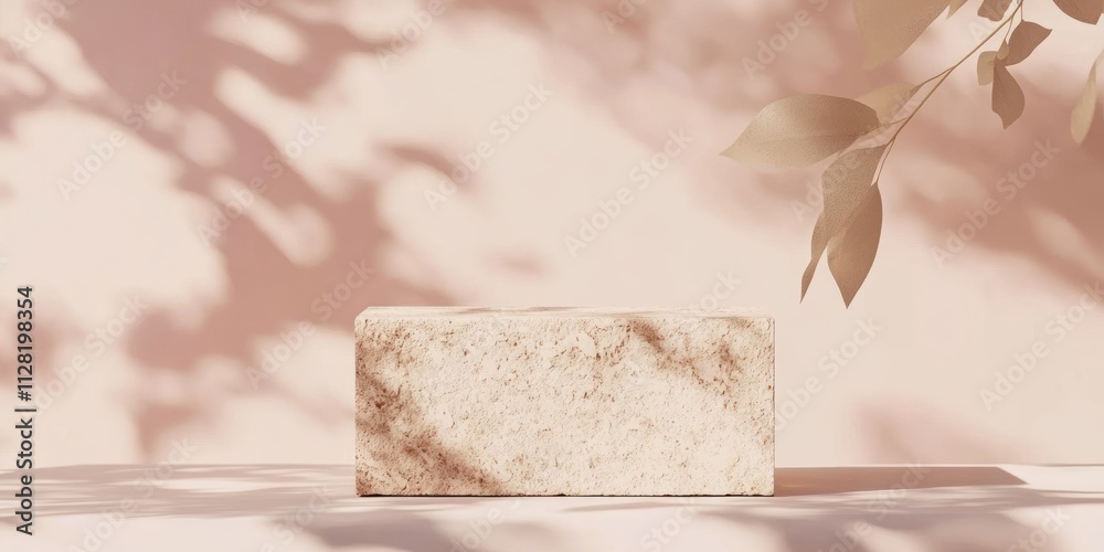 Leinwandbilder A minimalist scene featuring a textured block on a soft background with leaf shadows.