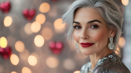 Beautiful beautiful physically fit senior model gray hair smiling stylish woman close up festive shirt earrings face makeup skincare fitness romance Valentines Day hearts love bokeh party background