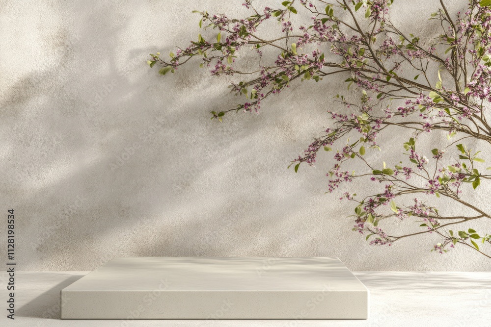 Aufkleber A minimalist display with a smooth surface and a flowering branch against a textured wall.