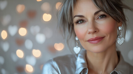 Beautiful beautiful physically fit senior model gray hair smiling stylish woman close up shirt earrings jewelry makeup skincare fitness romance Valentines Day hearts love bokeh party background