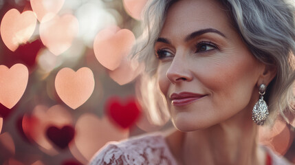 Beautiful beautiful physically fit senior model gray hair smiling stylish woman close up festive shirt earrings face makeup skincare fitness romance Valentines Day hearts love bokeh party background