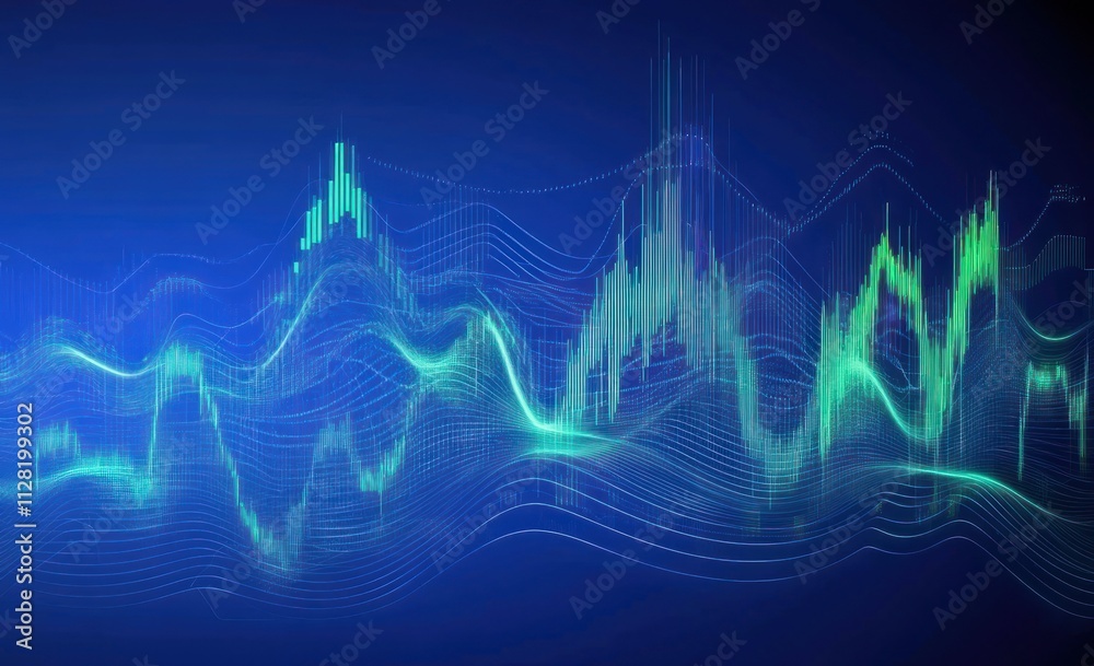 Poster abstract representation of sound waves in blue and green tones.